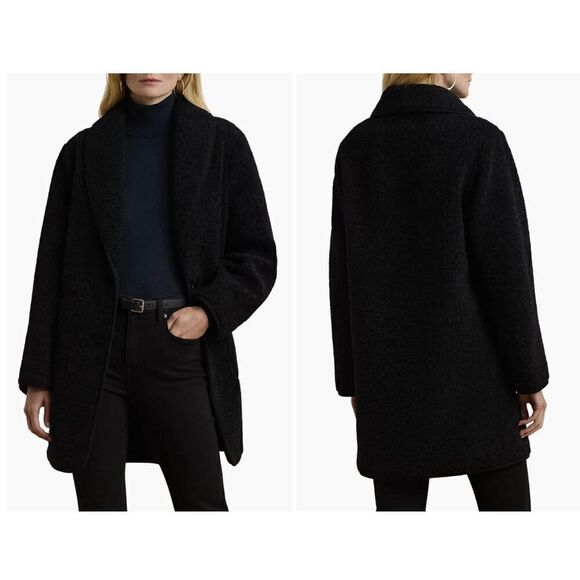 $240 New Lauren Ralph Lauren Shawl Collar Faux Shearling Coat in Black XL - Picture 2 of 6